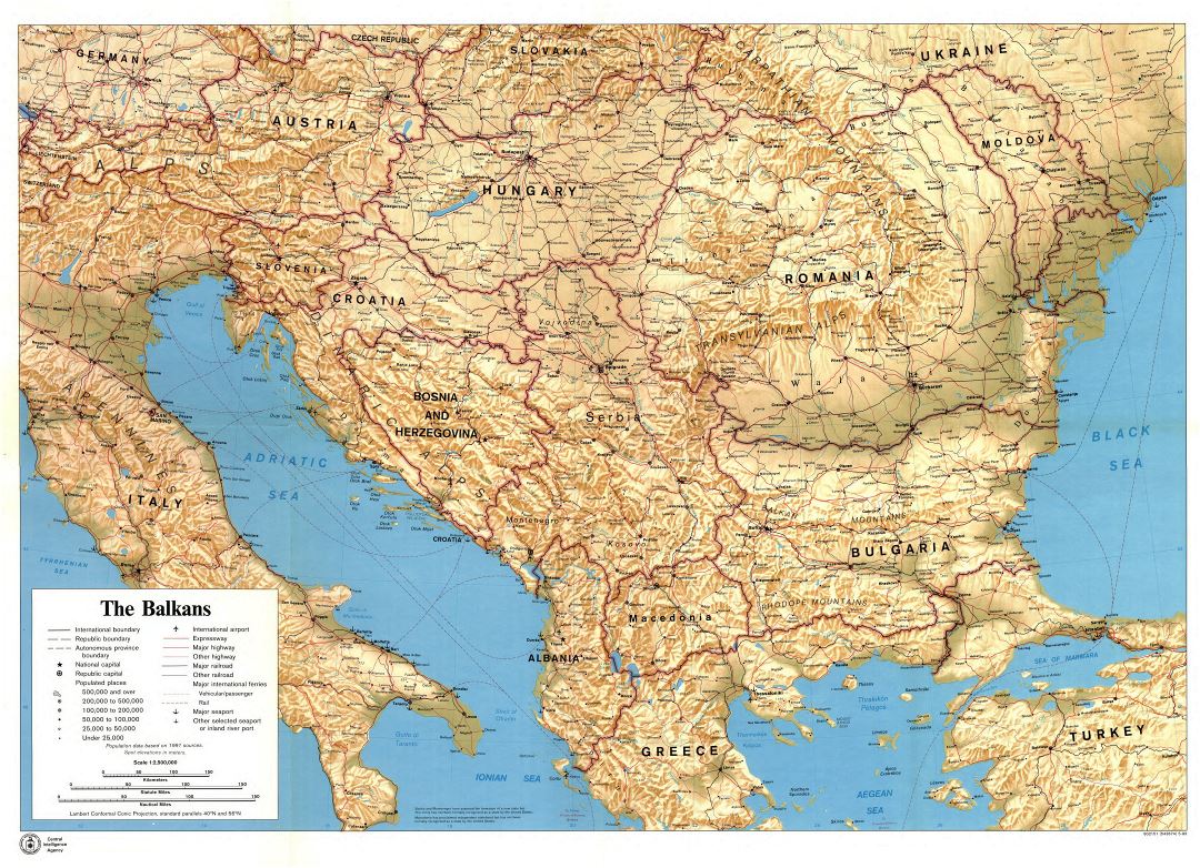 Large detailed political map of the Balkans with relief, cities, roads, railroads, seaports, airports and other marks - 1993